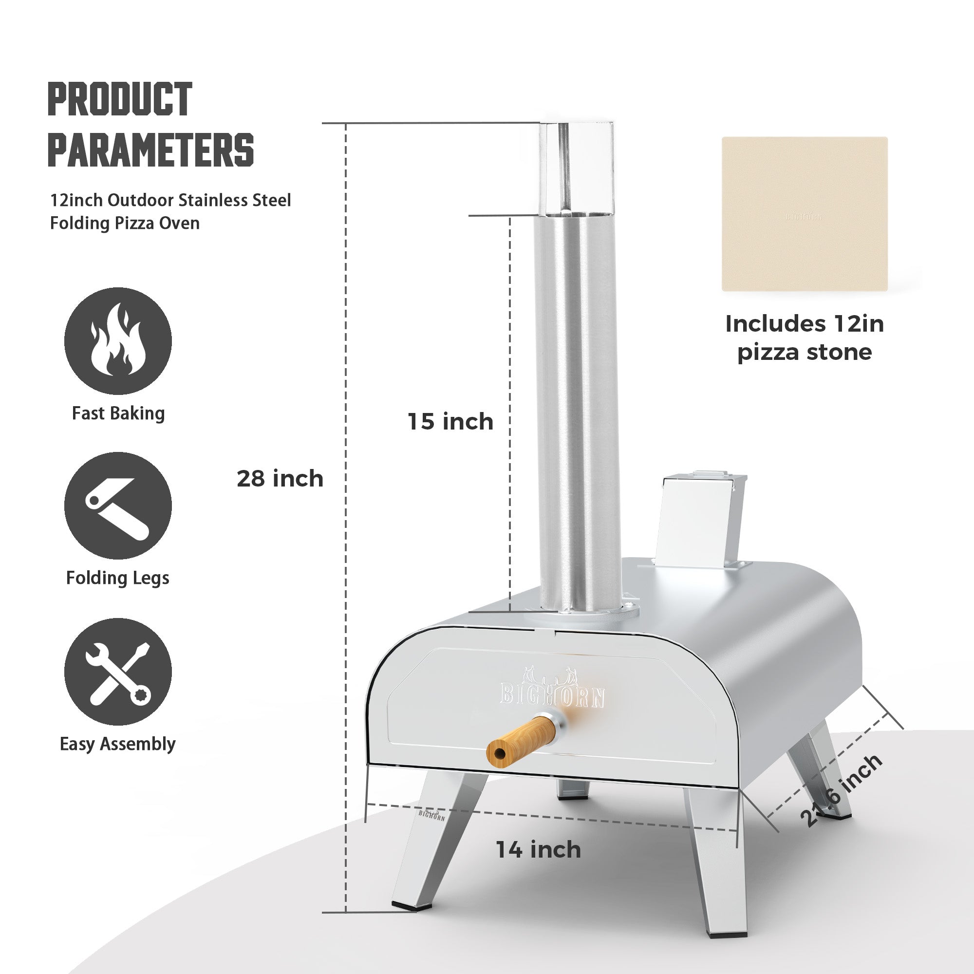 12-inch Houtpellet Pizza Oven – Zwart/Zilver | Geschikt voor Gasbrander & Elektrische Verwarming (apart verkrijgbaar)