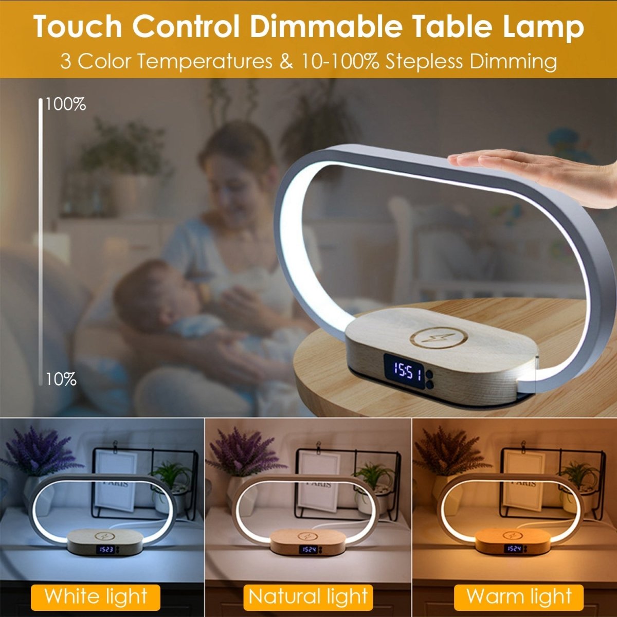 Touch Bedlamp met Klok & Draadloze Oplader – LED Bureau- en Nachtlamp - Zenityliving.com