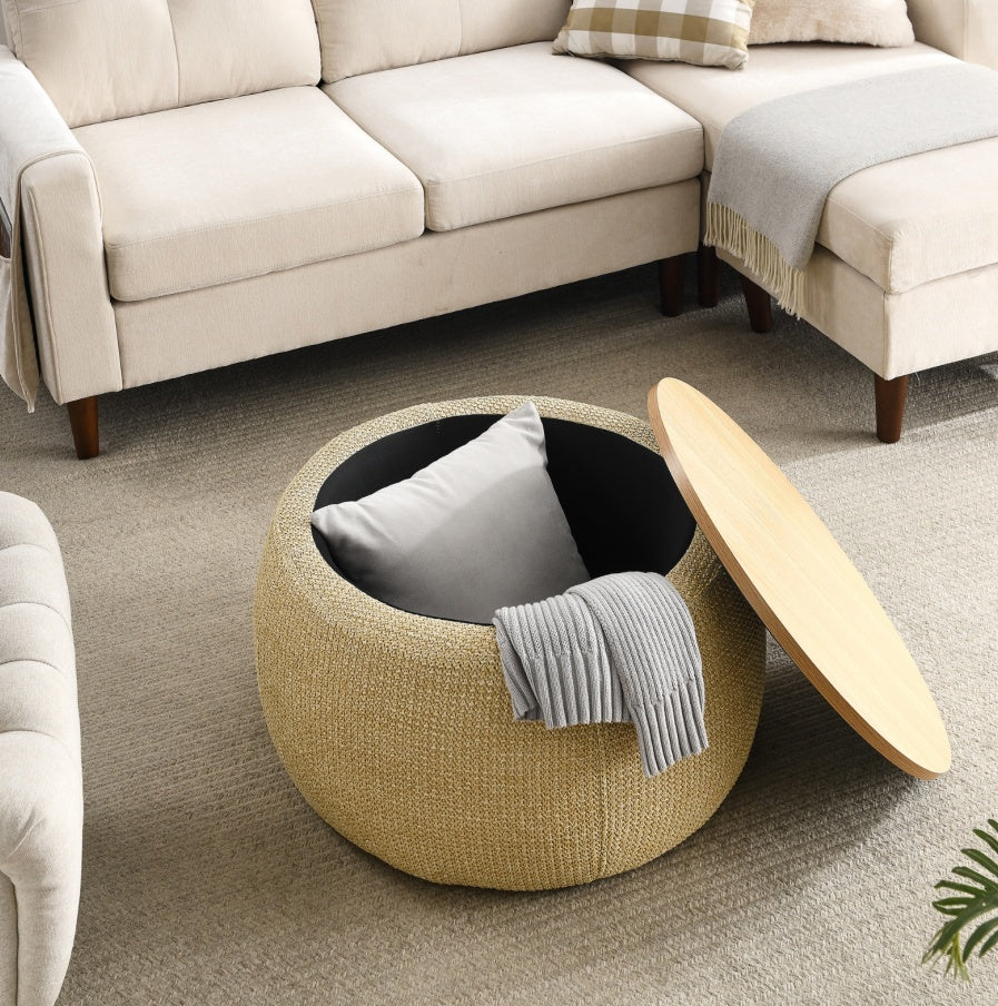 2-in-1 Round Storage Ottoman  End Table, Natural 25.5x25.5x14.5