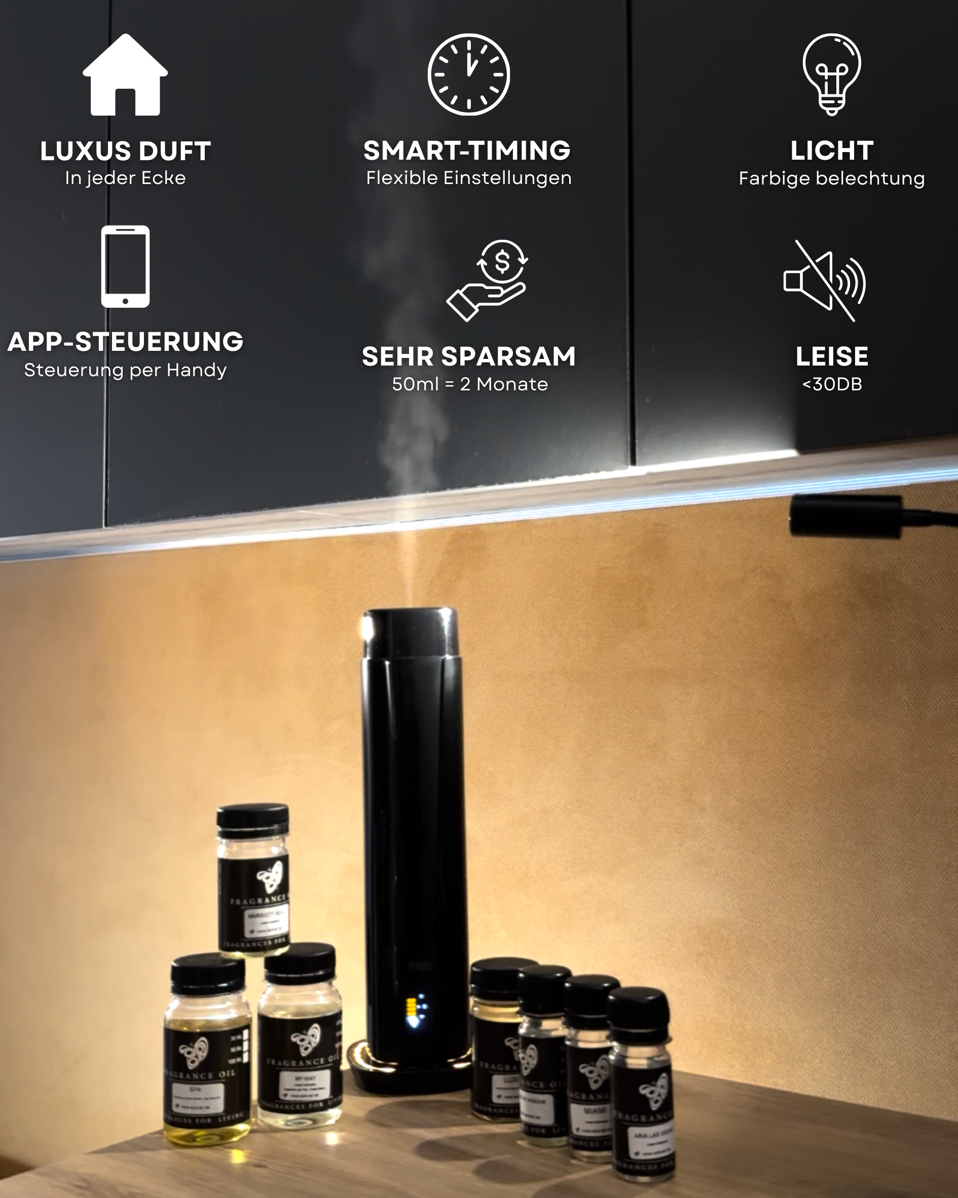 Waterloze Aroma Diffuser met WiFi & Afstandsbediening – CH101 Zwart (tot 100 m²