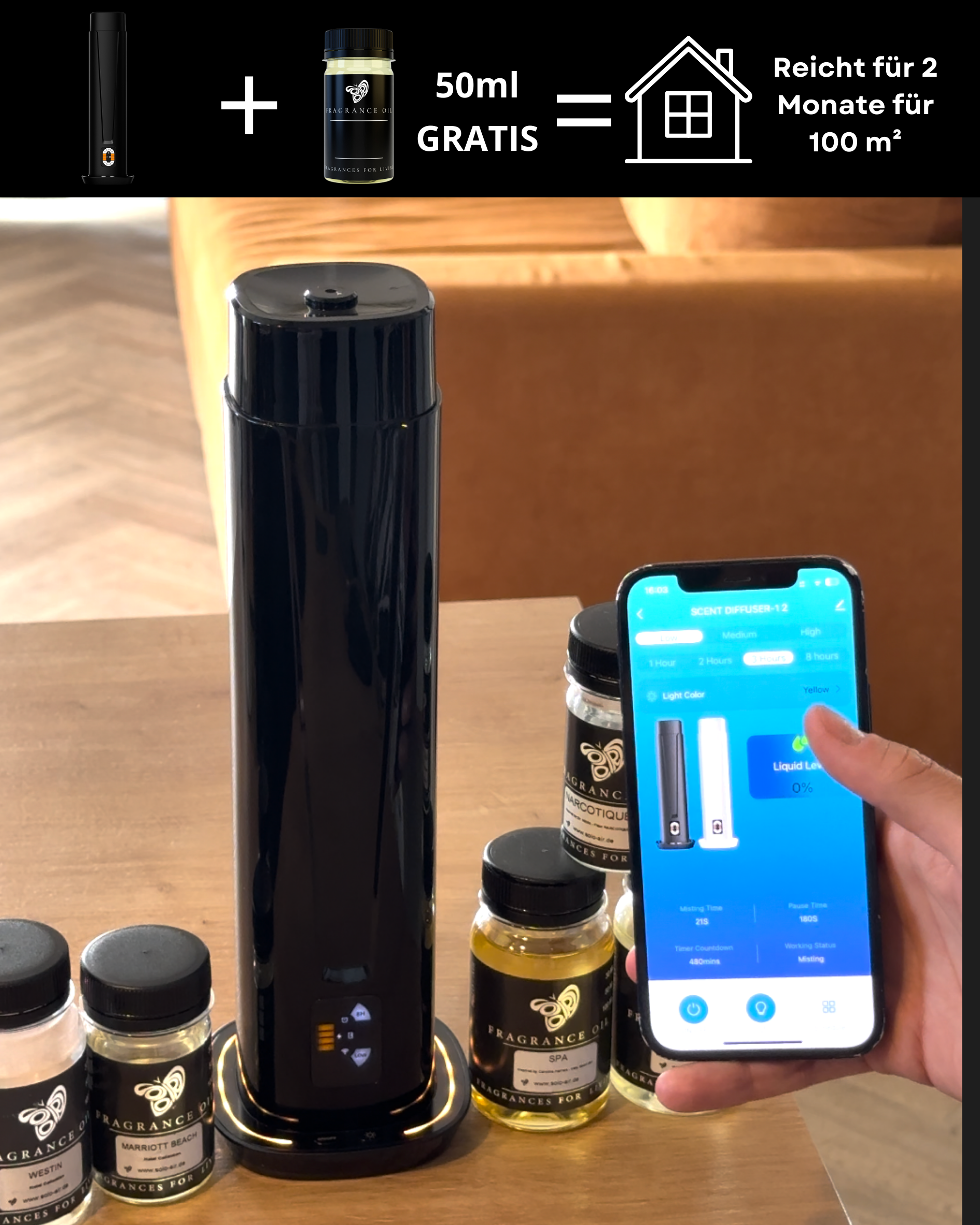 Waterloze Aroma Diffuser met WiFi & Afstandsbediening – CH101 Zwart (tot 100 m²