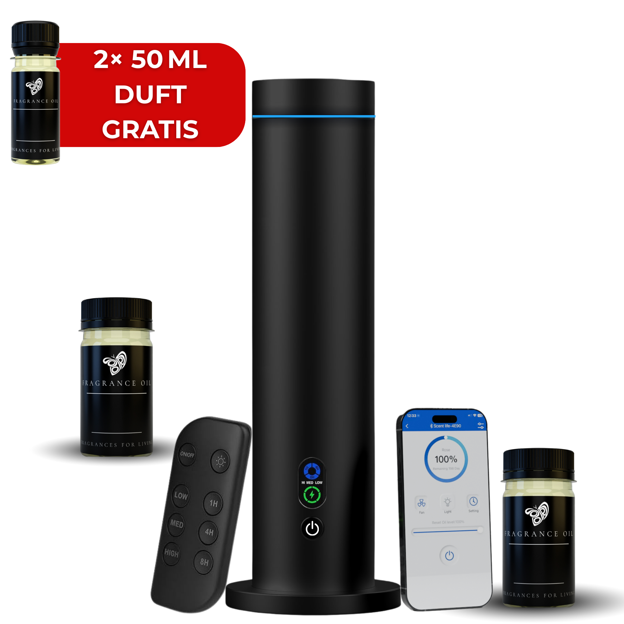 Aroma Diffuser wasserlos Wi-Fi CH124 Schwarz mit Fernbedienung und Duftölen