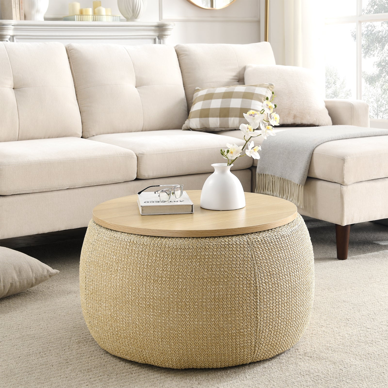 2-in-1 Round Storage Ottoman  End Table, Natural 25.5x25.5x14.5