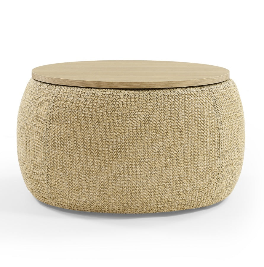 2-in-1 Round Storage Ottoman  End Table, Natural 25.5x25.5x14.5