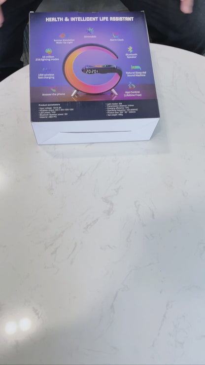 Smarte G-förmige LED-Lampe mit Bluetooth-Lautsprecher & kabellosem Ladegerät – App-gesteuerte Stimmungsleuchte