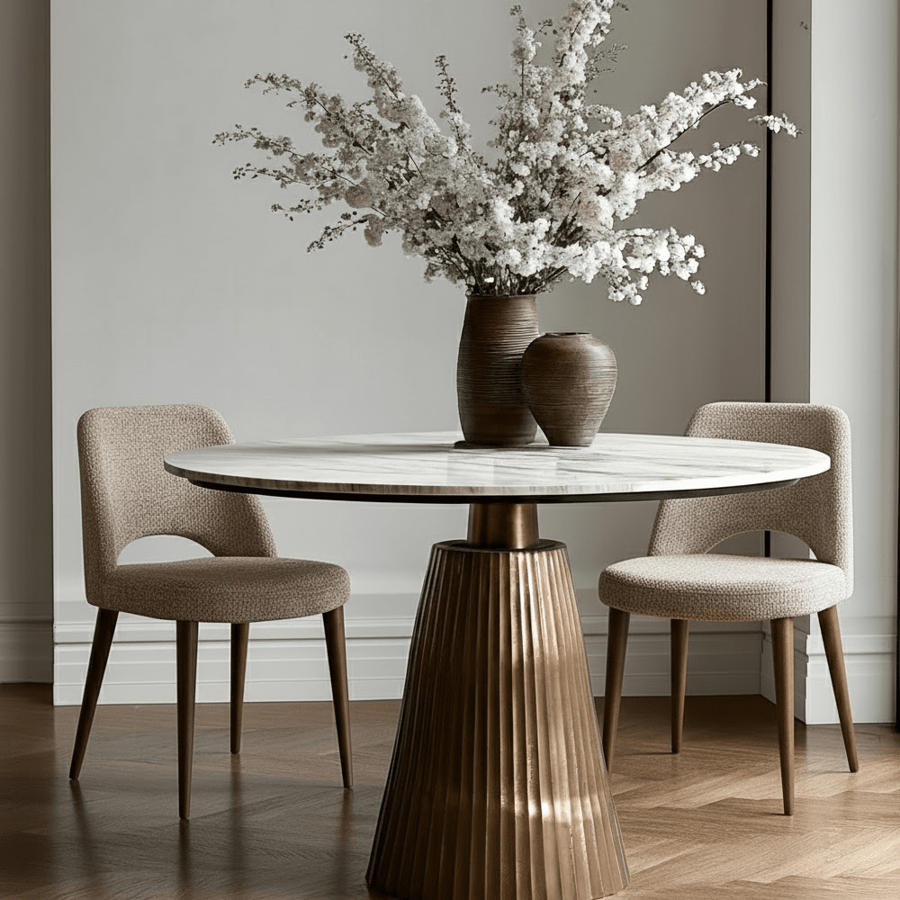 Rezina Antique Bronze Ribbed Round Dining Table with Taupe Marble Top Furniture 